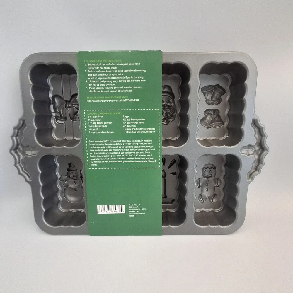 Nordic Ware Holiday Mini Loaf Baking Pan Cast Aluminum 6 Cup Nonstick Christmas